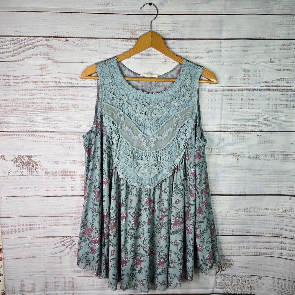 Indigo Thread Co. XL Sage Green Floral Crochet Lace Boho Sleeveless Tunic Top